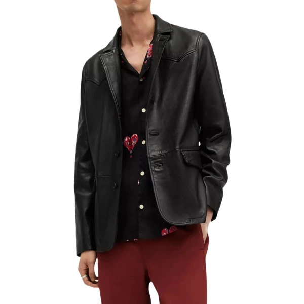 Three Button Black Leather Blazer