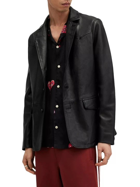 Three Button Black Leather Blazer