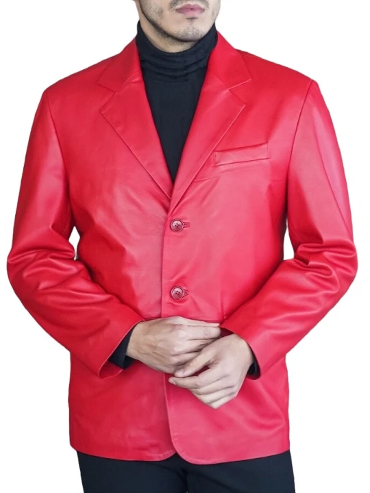 Three Button Red Leather Blazer