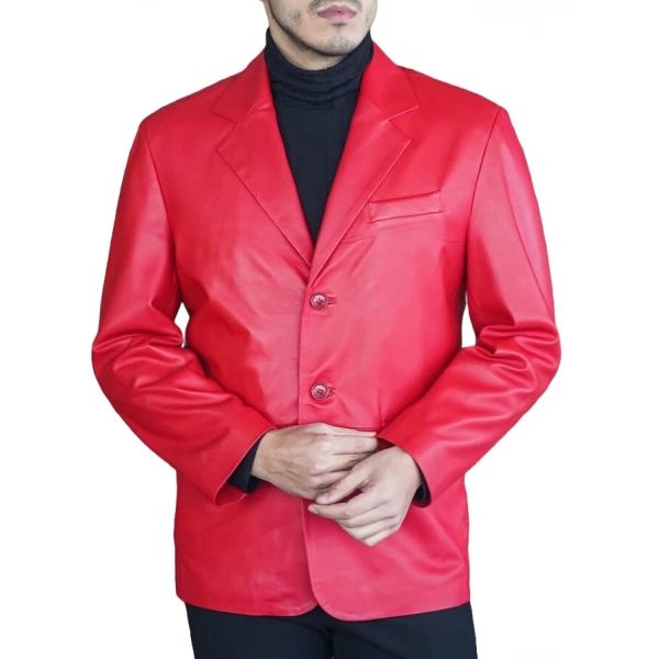 Three Button Red Leather Blazer