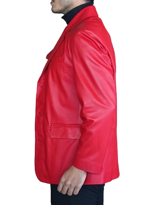 Three Button Red Leather Blazer