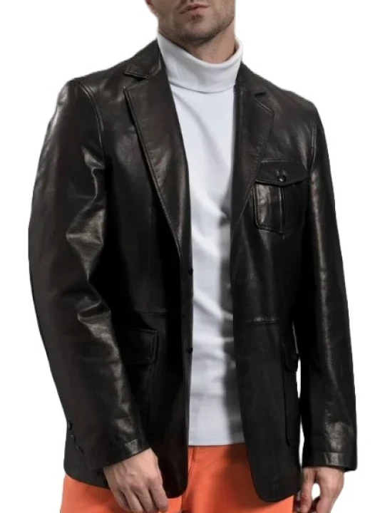 Three Flap Pockets Black Leather Blazer