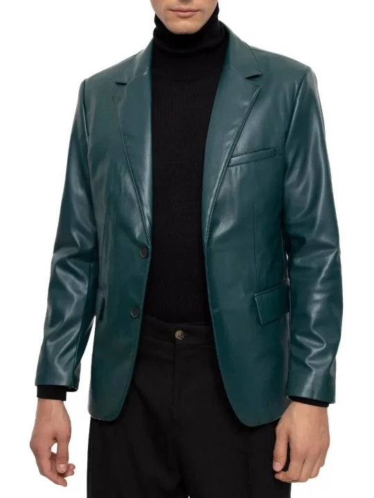 Two Button Green Leather Blazer