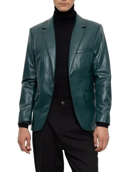 Two Button Green Leather Blazer