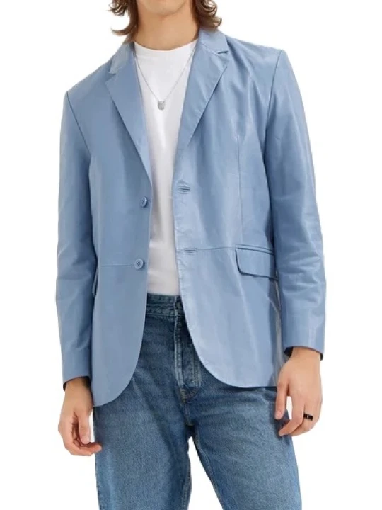 Two Button Light Blue Leather Blazer
