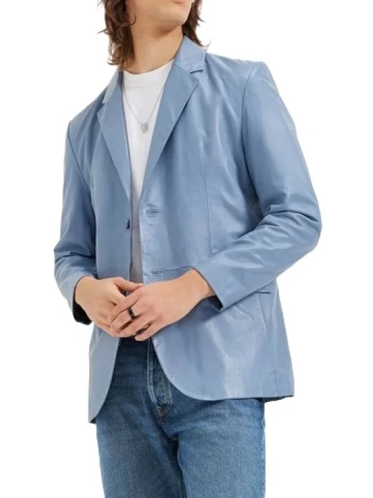 Two Button Light Blue Leather Blazer