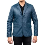 Two Button Navy Blue Leather Blazer