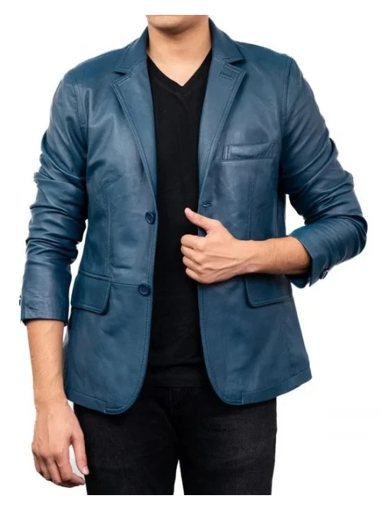 Two Button Navy Blue Leather Blazer