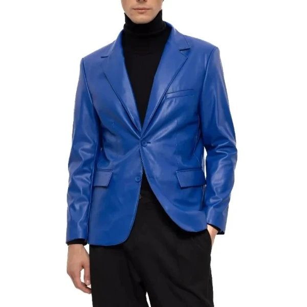 Two Button Royal Blue Leather Blazer
