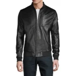Baseball Collar Black Leather Bomber Jacket