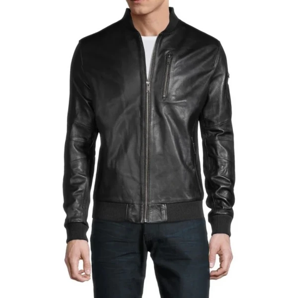 Baseball Collar Black Leather Bomber Jacket
