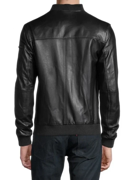 Baseball Collar Black Leather Bomber Jacket