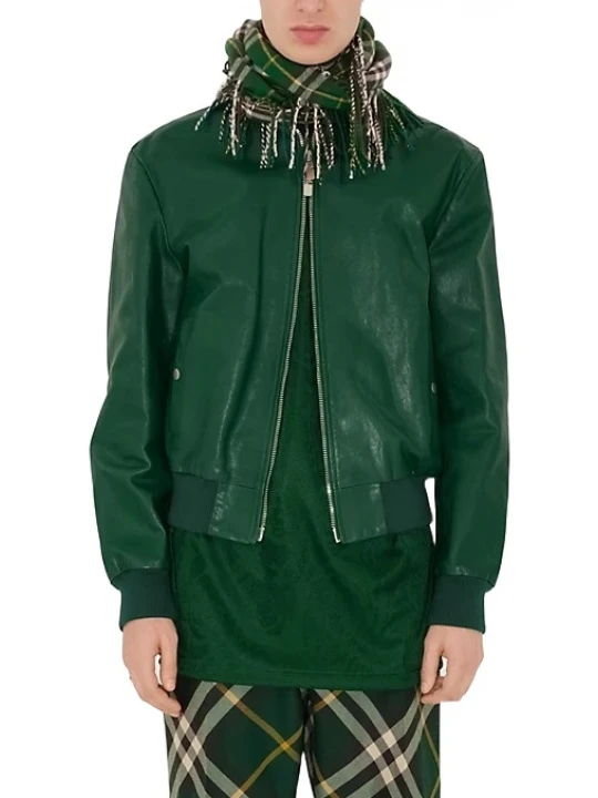 Baseball Collar Green Leather Bomber Jacket