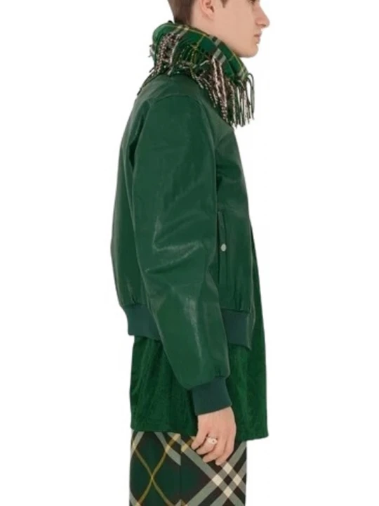 Baseball Collar Green Leather Bomber Jacket
