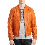 Baseball Collar Orange Leather Bomber Jacket