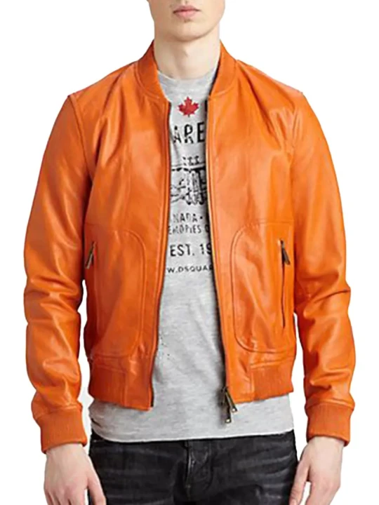 Baseball Collar Orange Leather Bomber Jacket
