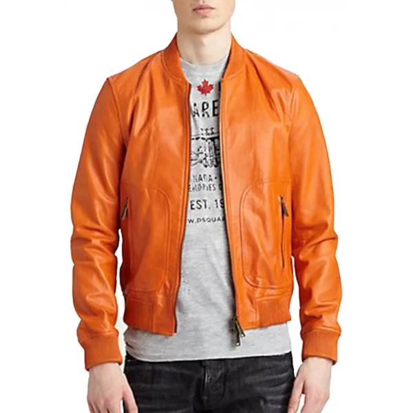 Baseball Collar Orange Leather Bomber Jacket