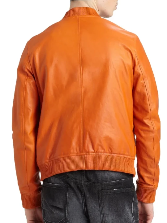Baseball Collar Orange Leather Bomber Jacket