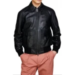 Black Leather Bomber Jacket With A Spread Collar