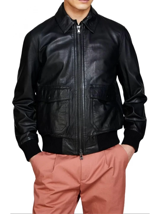 Black Leather Bomber Jacket With A Spread Collar