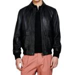 Black Leather Bomber Jacket With A Spread Collar