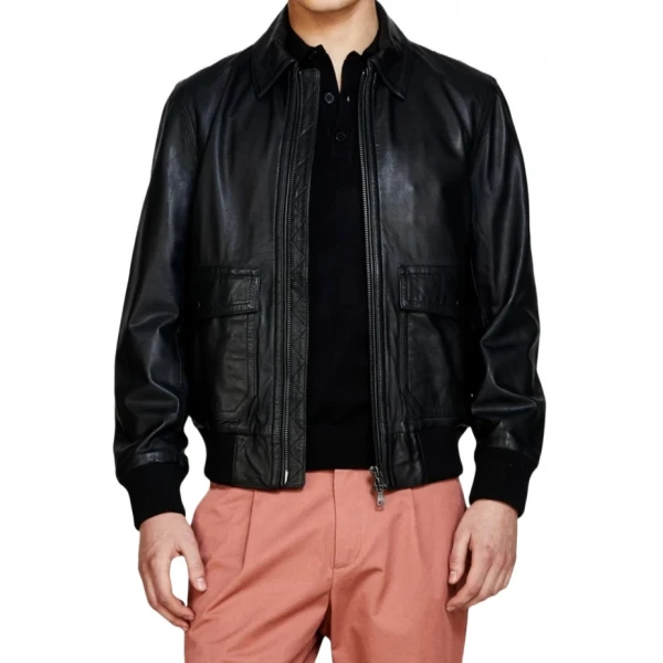 Black Leather Bomber Jacket With A Spread Collar
