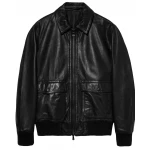 Black Leather Bomber Jacket With A Spread Collar