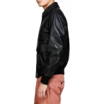 Black Leather Bomber Jacket With A Spread Collar