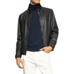 Black Leather Bomber Jacket With A Stand-Up Collar