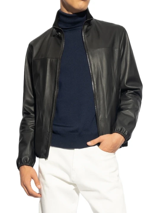 Black Leather Bomber Jacket With A Stand-Up Collar