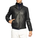 Black Leather Bomber Jacket With A Stand-Up Collar