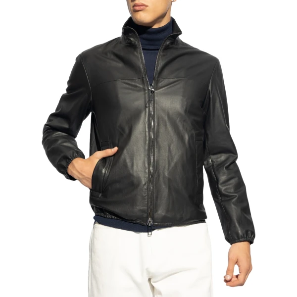 Black Leather Bomber Jacket With A Stand-Up Collar
