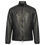 Black Leather Bomber Jacket With A Stand-Up Collar