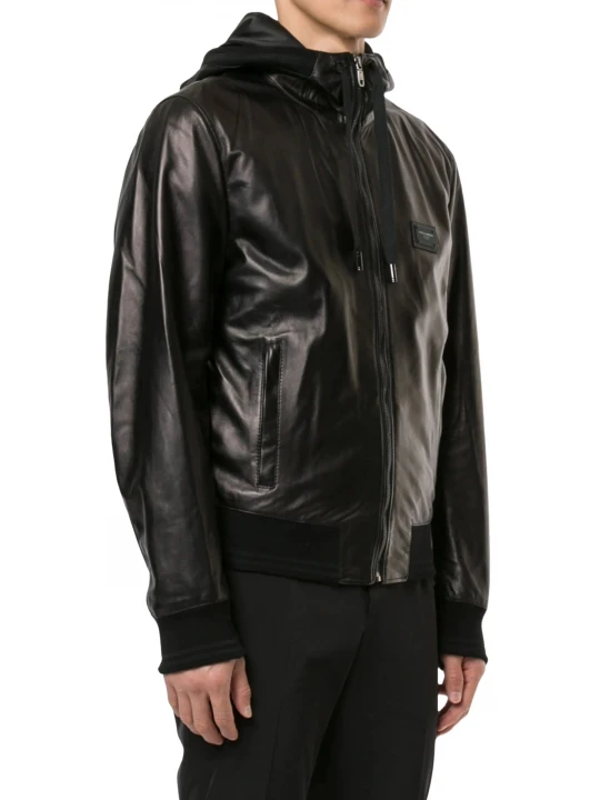 Black Leather Bomber Jacket With Hood