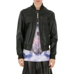 Black Leather Bomber Jacket With Ribbed Collar