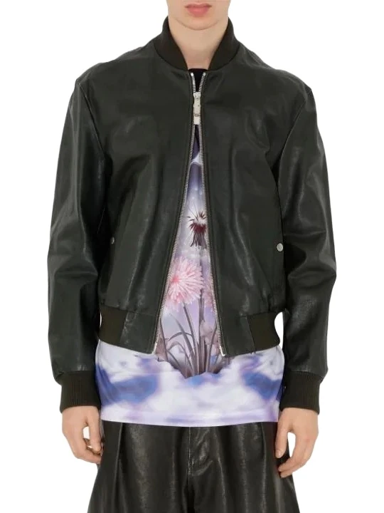 Black Leather Bomber Jacket With Ribbed Collar