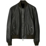 Black Leather Bomber Jacket With Ribbed Collar