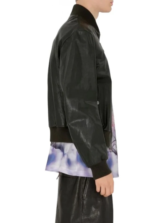 Black Leather Bomber Jacket With Ribbed Collar