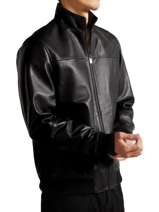 Black Leather Bomber Jacket With Stand Up Collar
