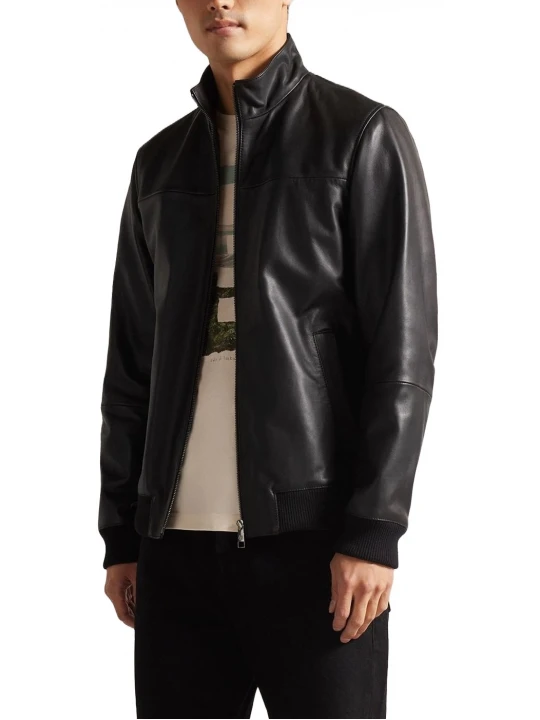 Black Leather Bomber Jacket With Stand Up Collar