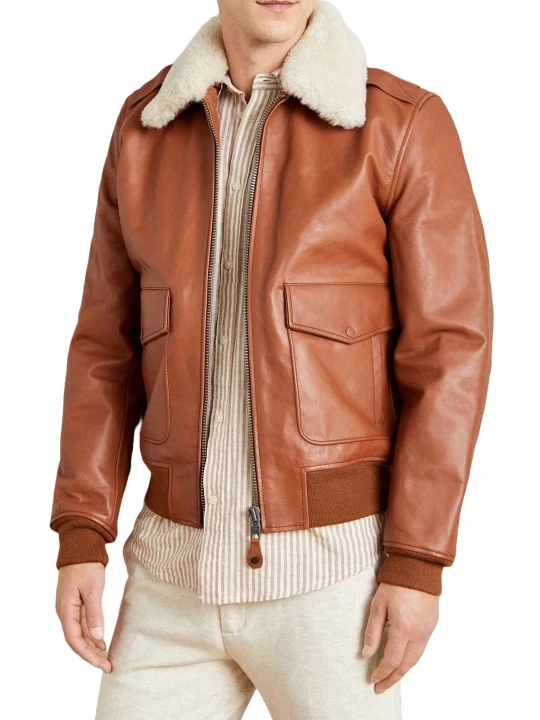 Brown Leather Aviator Bomber Jacket