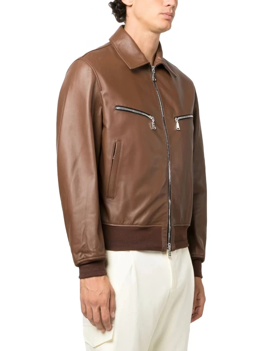 Classic Collar Brown Leather Bomber Jacket