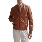 Cognac Leather Bomber Jacket With Ribbed Collar
