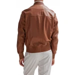 Cognac Leather Bomber Jacket With Ribbed Collar