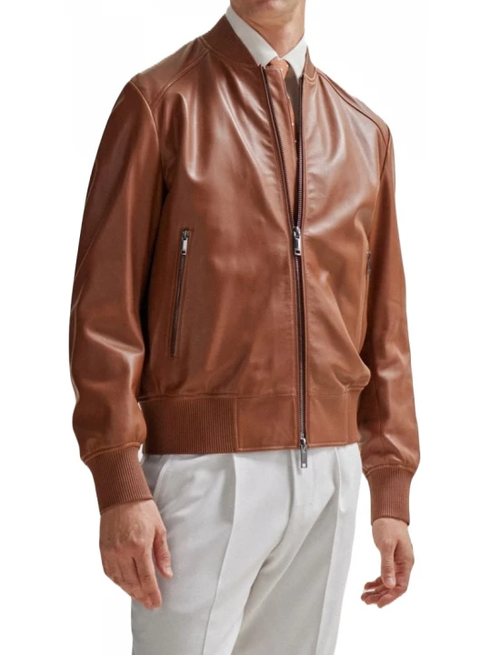 Cognac Leather Bomber Jacket With Ribbed Collar