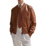 Cognac Leather Bomber Jacket With Ribbed Collar