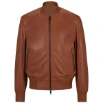 Cognac Leather Bomber Jacket With Ribbed Collar