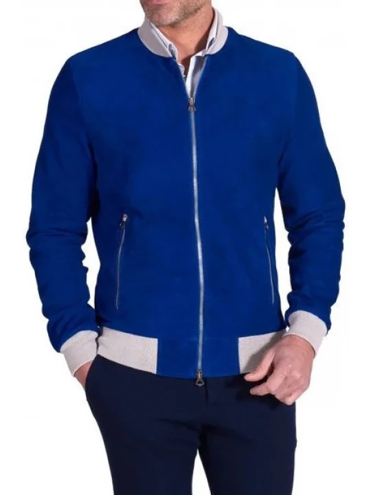Contrast Rib Blue Suede Leather Bomber Jacket