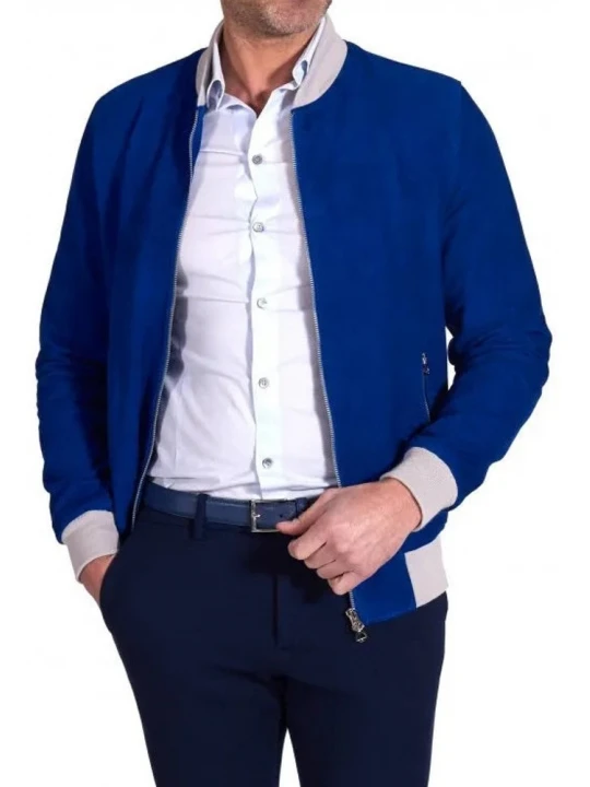 Contrast Rib Blue Suede Leather Bomber Jacket