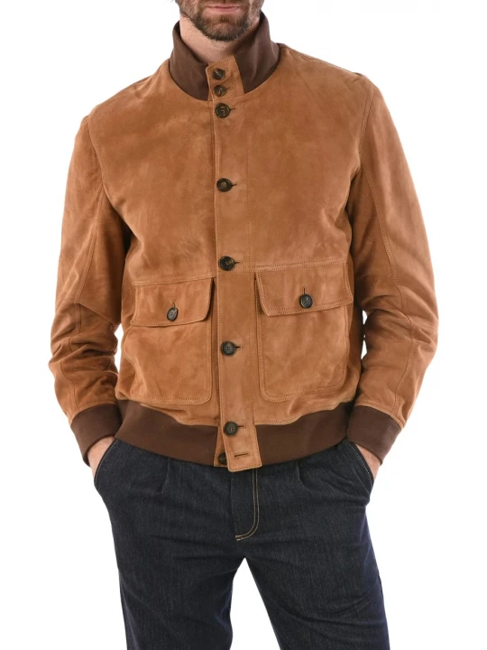 Contrast Rib Brown Suede Leather Bomber Jacket
